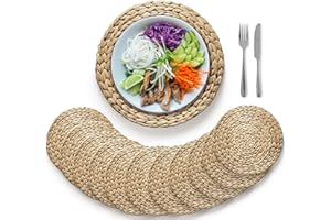 (Sizes:12"-13''-14''-15'') BLUEWEST Woven Placemats (Set of 10) Round Placemats Rattan Placemats, 14'' Wicker Water Hyacinth Placemats, Round Braided Placemat Set, Heat Resistant/Anti-Slip for Plate
