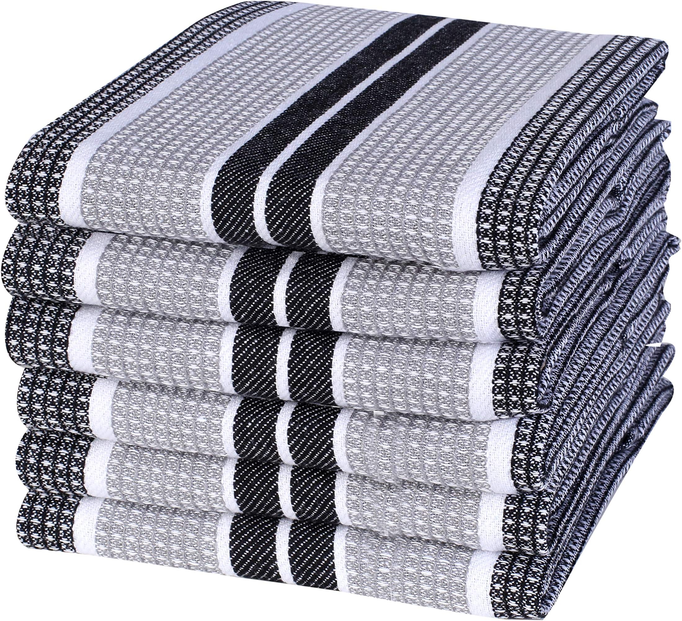 Honeycomb Stripe Kitchen Towel 18x28inch Black/Mercury,100% Cotton, Quick Dry, Tea Towels, Bar Towels, Highly Absorbent,Cleaning Towels, Kitchen Tea Towels, Absorbent Dish Cloth Set of 6