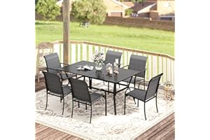 VICLLAX 7 Pieces Patio Dining Set for 6, Outdoor Furniture Set Includes 1 Rectangle Patio Table and 6 Stackable Patio Sling Chairs, Black Table and Grey Chairs