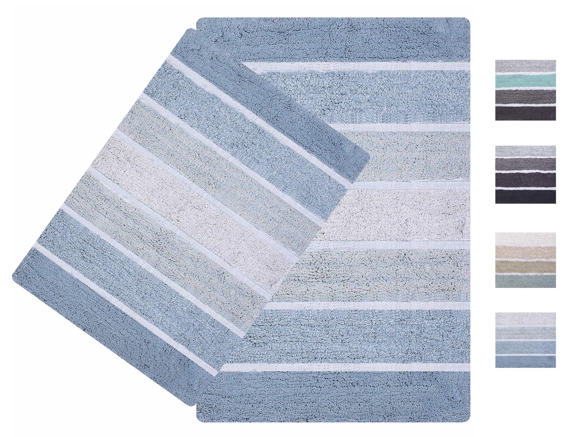 Ramanta Home Quilted Stripe Bath Mat Set of 2 - Blue/White, Non Slip Absorbent Bathroom Rug 53x81, 43x61 CM (21x32, 17x24 Inches) Machine Washable 100% Cotton Luxury Soft Shower Rugs