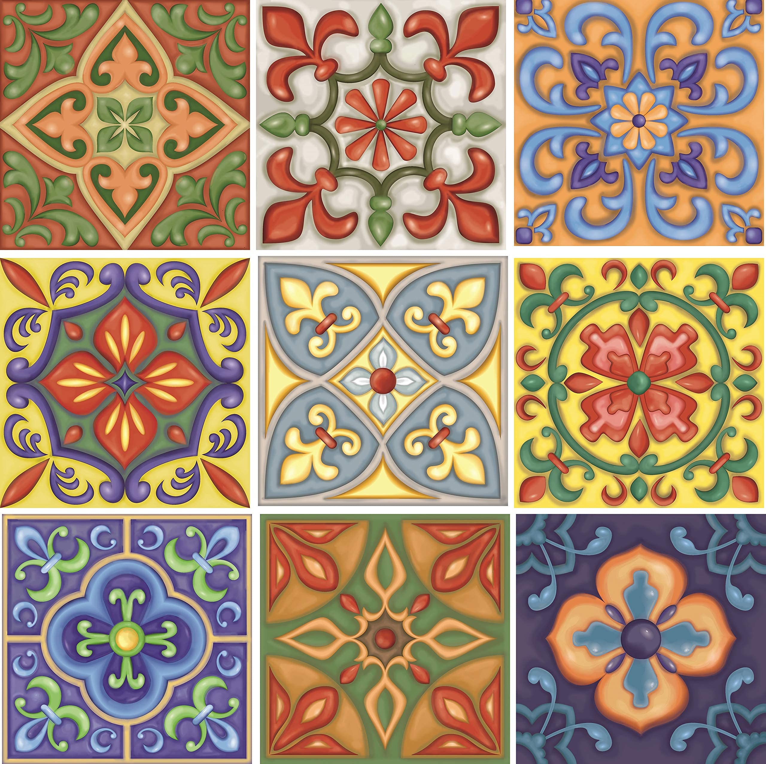 Self Adhesive Wall Tiles Stickers - 9 PCS Moroccan Mosaic Style Kitchen Wall Art DIY Tiling Traditional Vintage Design Peel and Stick Tile Paint Stick on Tiles (Mixed Spanish)
