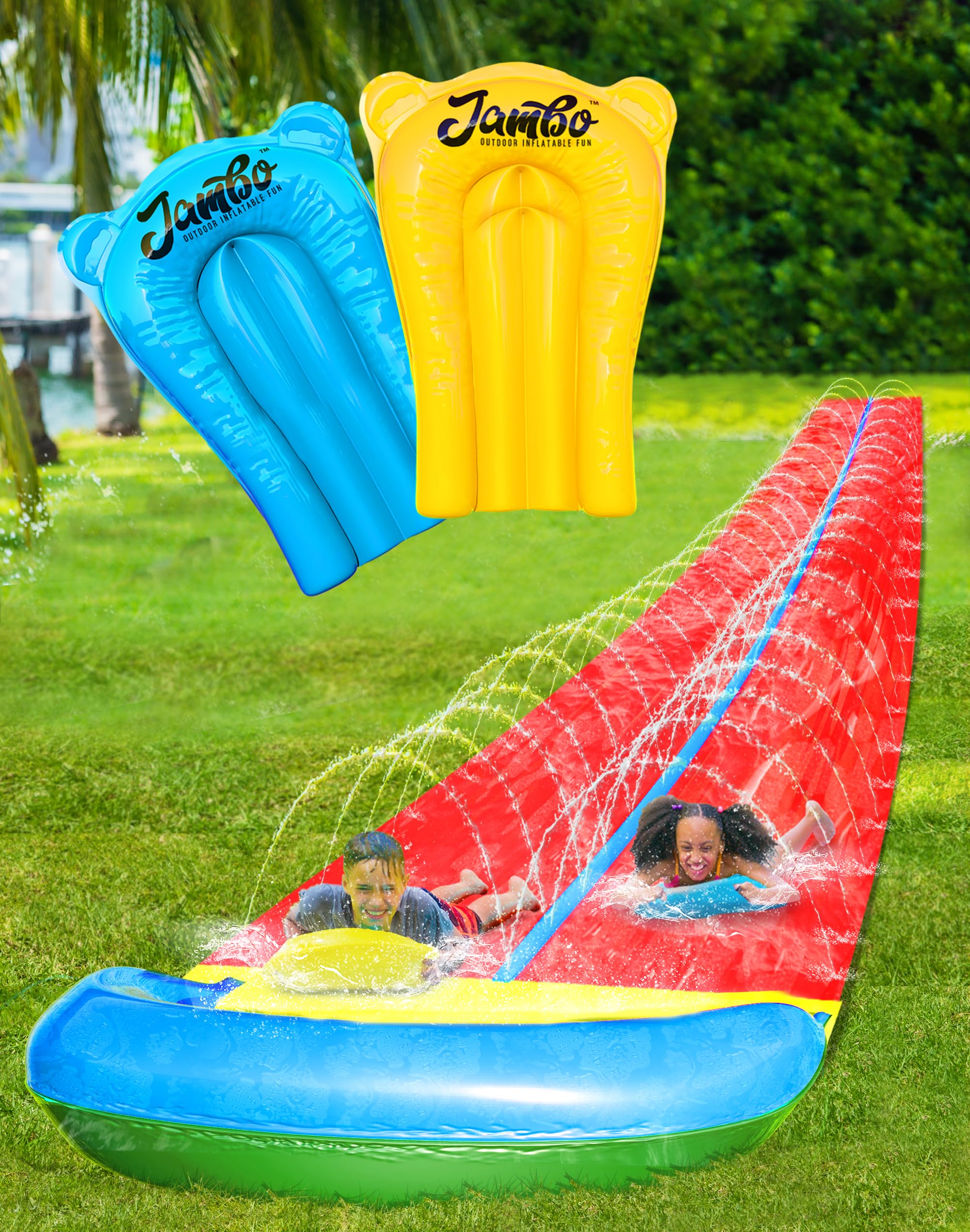 Photo 1 of JAMBO 24Ft XL Slip Splash and Slide and 2 Bodyboards, Heavy Duty Lawn Water Slide, Summer Water Toy with Sprinkler for Backyard Outdoor Water Fun n Toys for Kids, Splash Mat Splash Pad