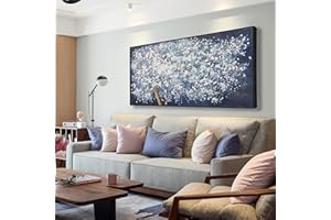 DIMPAGA Modern Wall Art Nature Art Canvas Artwork Wall Decor Painting Dark Blue And White Abstract Tree Plants With Framed For Bedroom Living Room Dining Room Home Office Modern Abstract Artwork 24"×48"