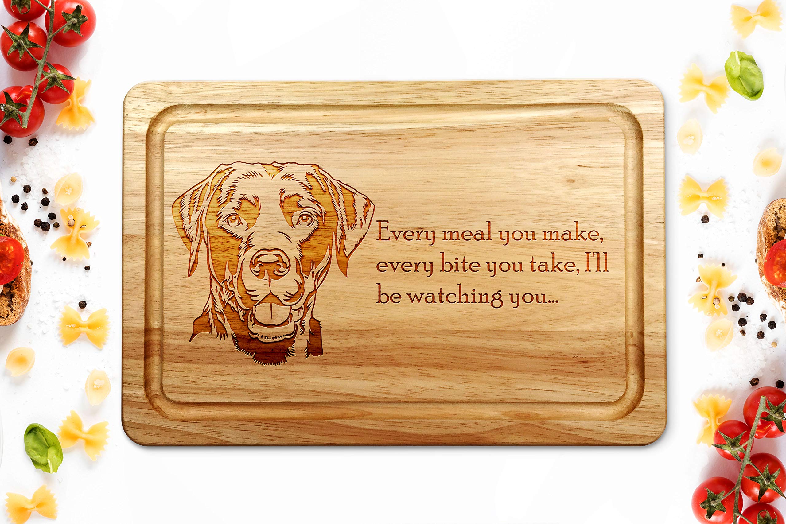 Hardwood Chopping Board with Labrador Dog Design - 30x20 cm Kitchen Cutting Board with Juice Groove - Gift Idea for Him or Her, Christmas & Birthdays - Made in The UK