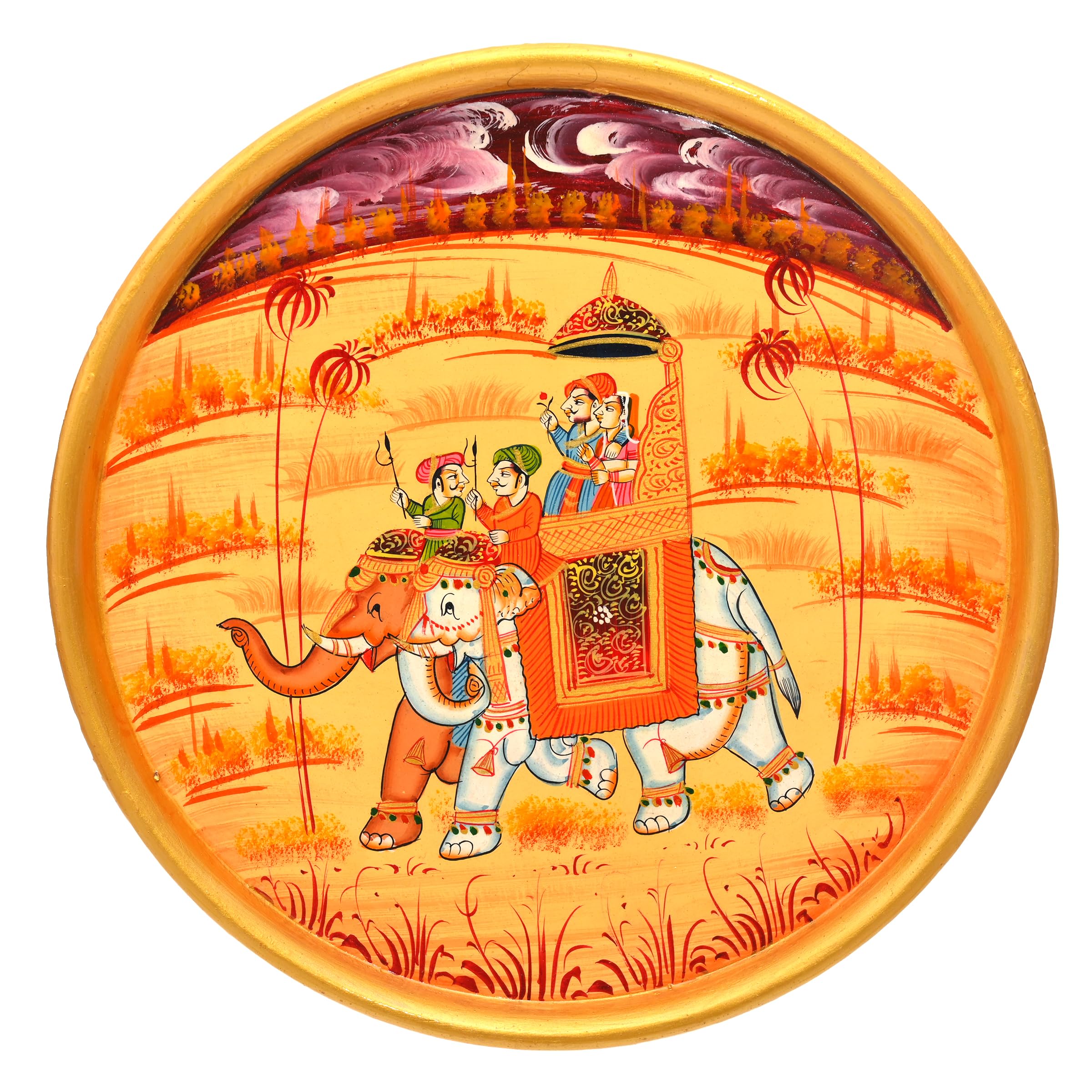 Hand Painted Decorative Wall Plate Round Display Wooden Plate Home Décor Art Gifting Article (Elephant Safari)