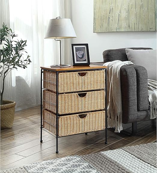 Amazon Com Wicker Metal Wood 3 Drawer Chest Black Brown Tan