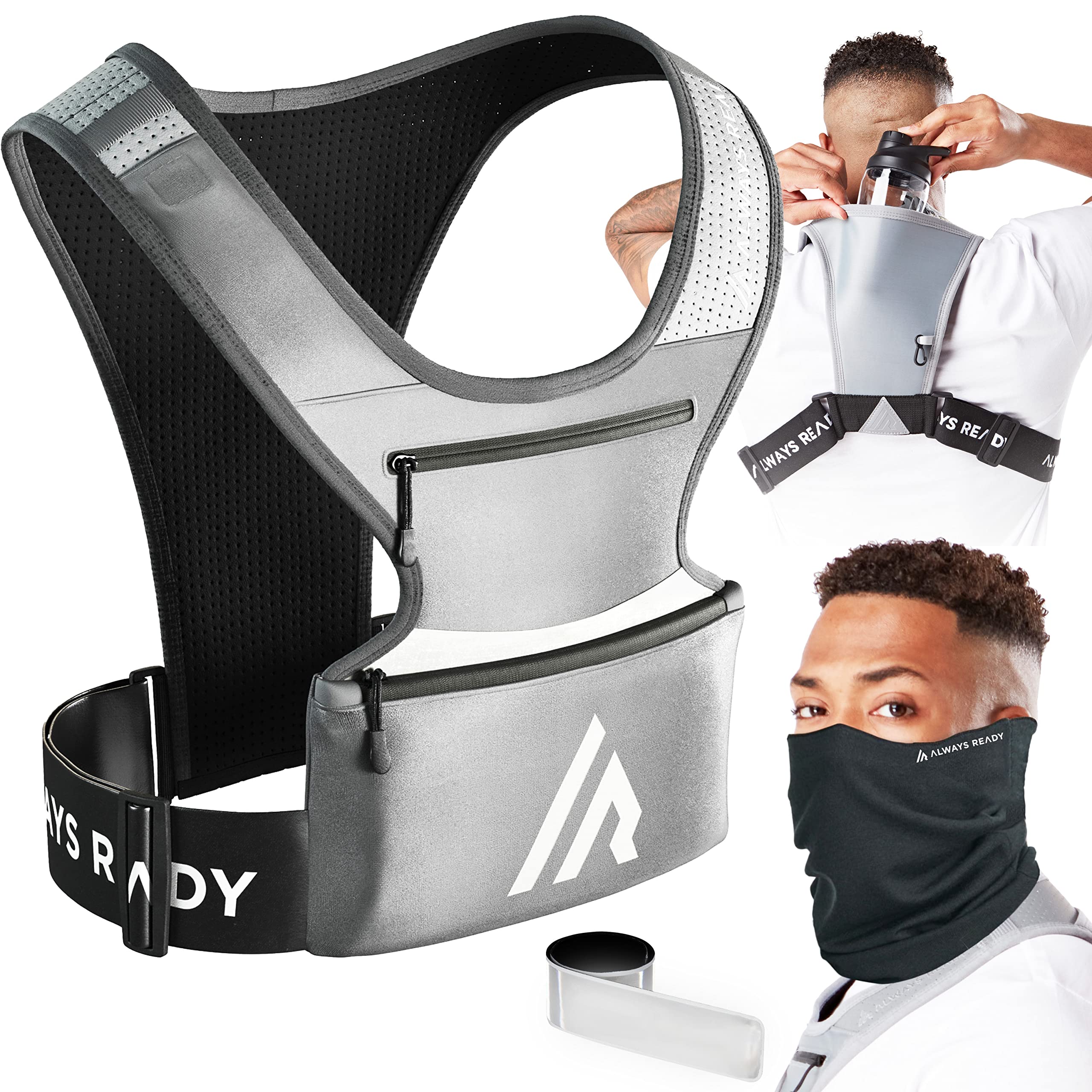 Always Ready, Lightweight Running Phone Holder Vest, Fits All Phone Model, Keys, Cards, Waterproof, Adjustable Size, Unisex (Reflective Silver)