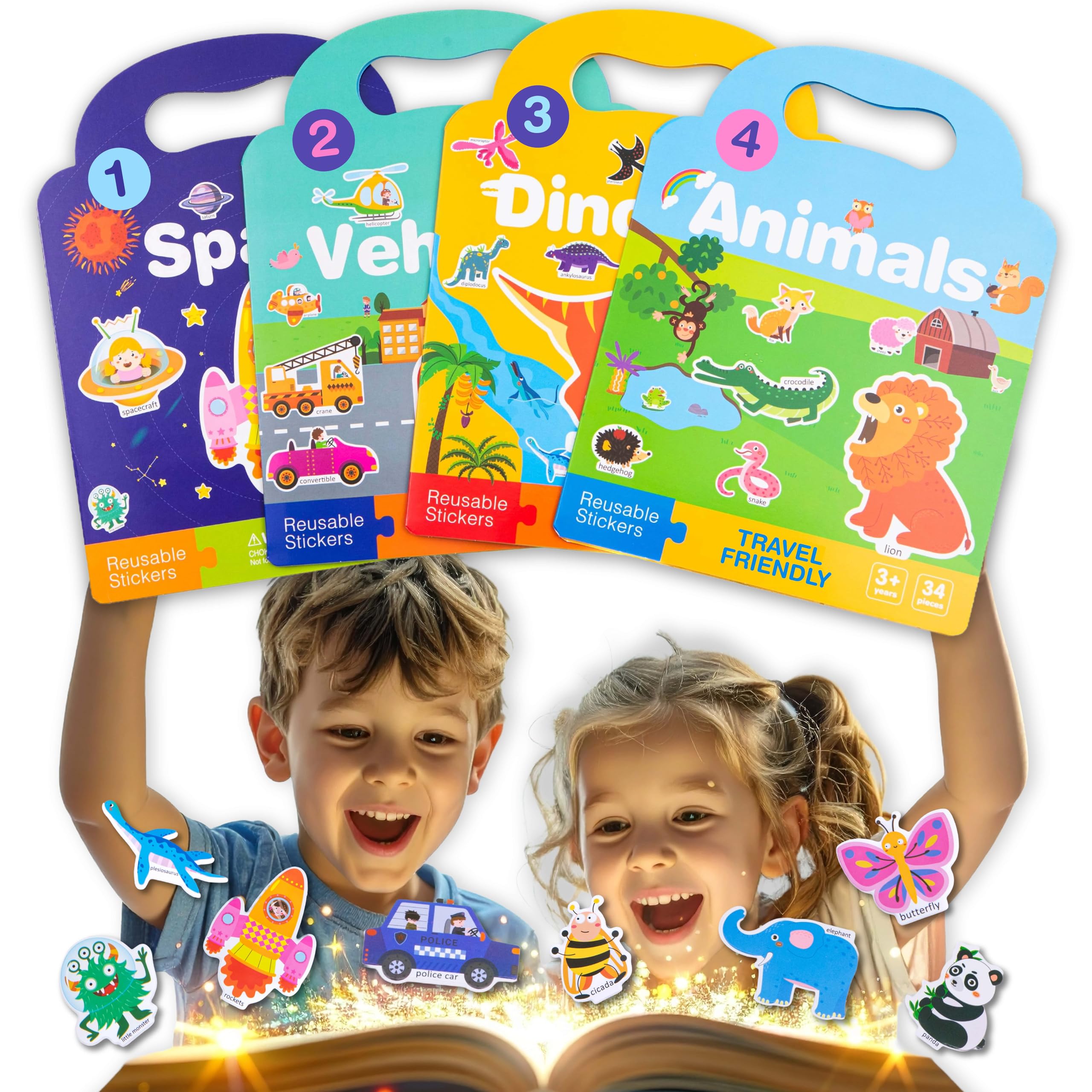 4 Pack Reusable Sticker Book - Childrens Books and Plane Activities for Kids - Toddler Books and Travel Activity Packs for Kids - Dinosaur Sticker Book with Reusable Stickers - 500+ Stickers