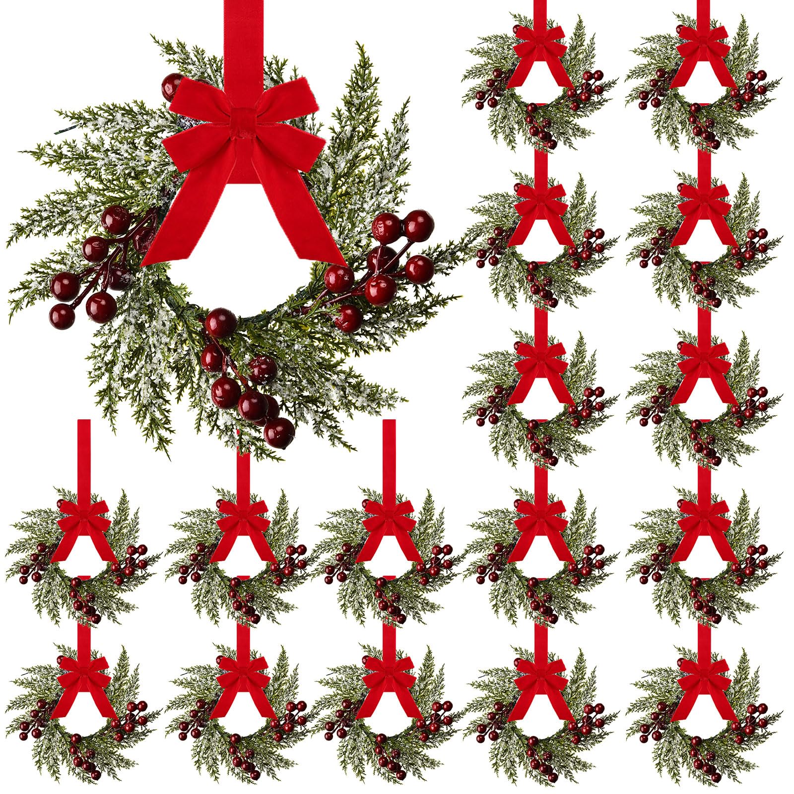 Photo 1 of 24 Pieces 8" Mini Christmas Wreaths - Small for Kitchen Cabinet/Window/Front Door, Artificial Red Berries & Pinecones, Christmas Candle Rings, Table/Farmhouse Decoration (No Ribbon)