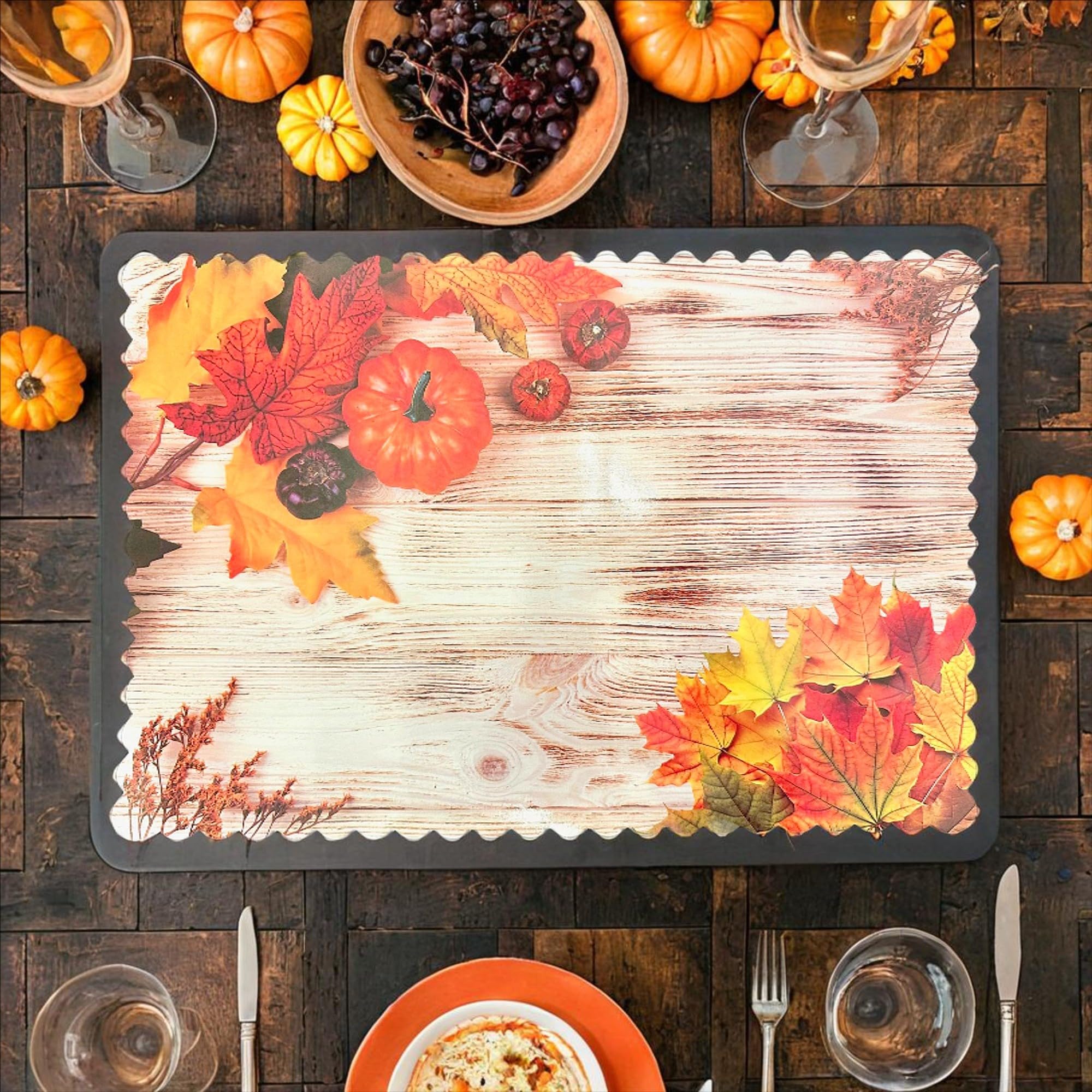 Photo 1 of 25 Pack Fall Maple Leaf Paper Disposable Placemats for Dining Table | Harvest Leaves Thanksgiving Place Mats for Holiday Party | 16.25 x 11.25 Autumn Leaf Pumpkin Design Place-mats | by Bashout
