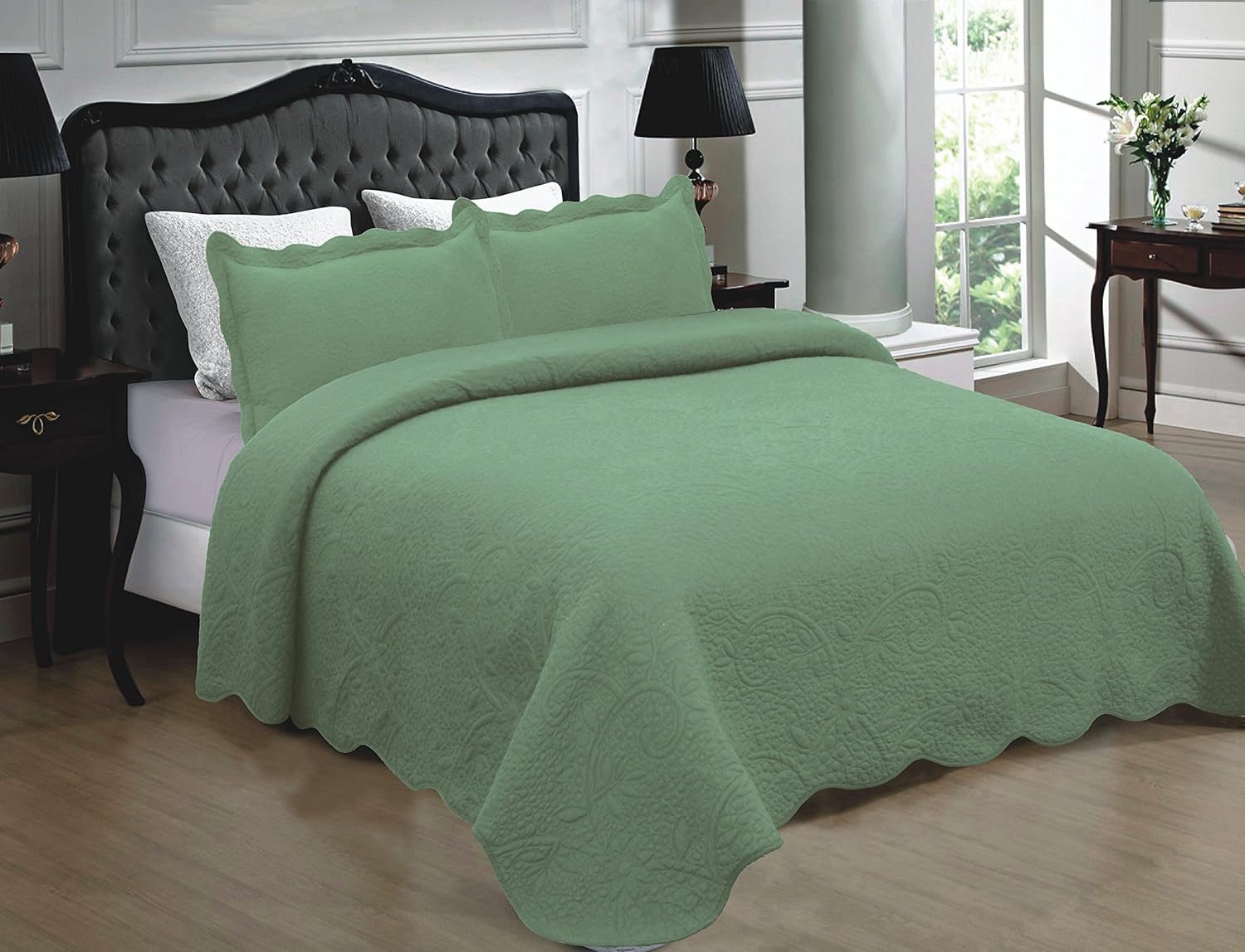 Mk Collection 3pc Quilted bedspread Embroidery Solid 100