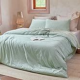FALUCA 100% Washed Cotton Striped Duvet Cover Set King Size 3 Pieces (1 Duvet Cover 104"x92", 2 Pillow Shams) Breathable Durable Soft Bedding Set for All Season (Sage Green-White Stripes, King)