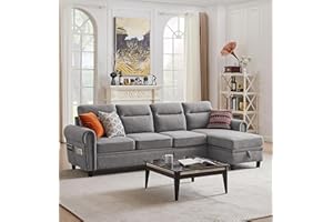 Pingliang Home Convertible Sectional Sofa, 4-Seat L Shaped Couch with Storage Chaise and Pocket, Modern Reversible Couches for Living Room, Light Grey