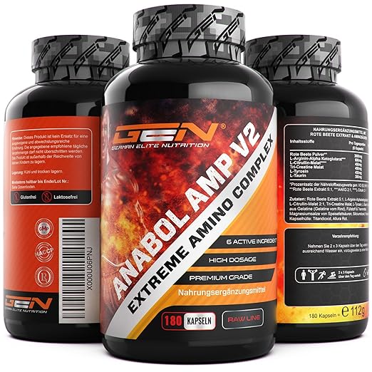 Anabol Amp V2 180 Kapseln - Natürliche Inhaltstoffe - 6 aktive Wirkstoffe - 30 Tage Support - Muskelaufbau & Fitness - German
