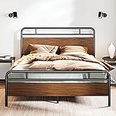 SHA CERLIN Queen Size Bed Frame with Wooden Headboard and Footboard, Rounded Corner Metal Structure, Heavy Duty Slats with Under-Bed Storage, No Box Spring Needed, Walnut