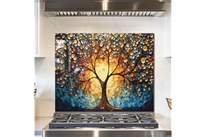fzxwyishu Tree of Life,Tempered Glass Backsplash For Kitchen Behind Stove,Easy to Clean Kitchen Sink Cover Splash Guard, Home Kitchen Décor (blue, 30"x24"(76.2x60.96cm))