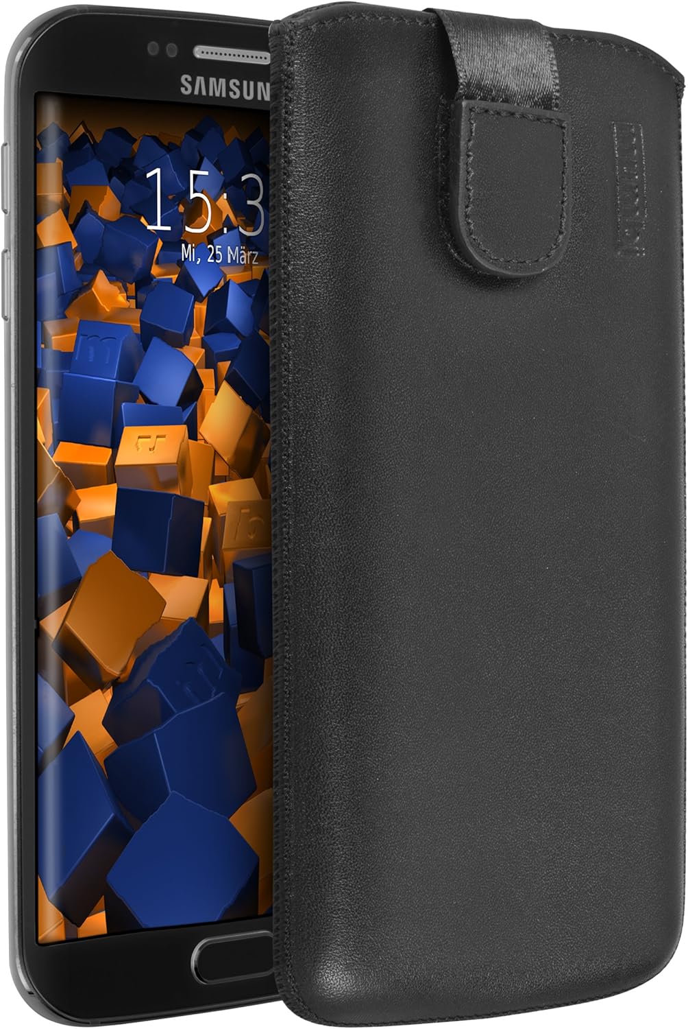 mumbi Real Leather Pouch With Flap And Pull-Up Strap for Samsung Galaxy, Black, Galaxy S6 Edge