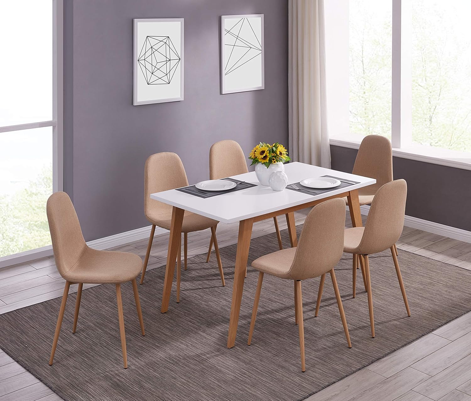 IDS Online Scandinavian Style MDF Dining Table Set 7 Pieces, Beige