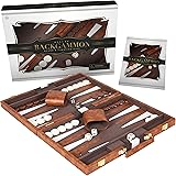 Crazy Games Backgammon Set - Classic Medium Brown 15 Inch Backgammon Sets for Adults Board Game with Premium Leather Case - B