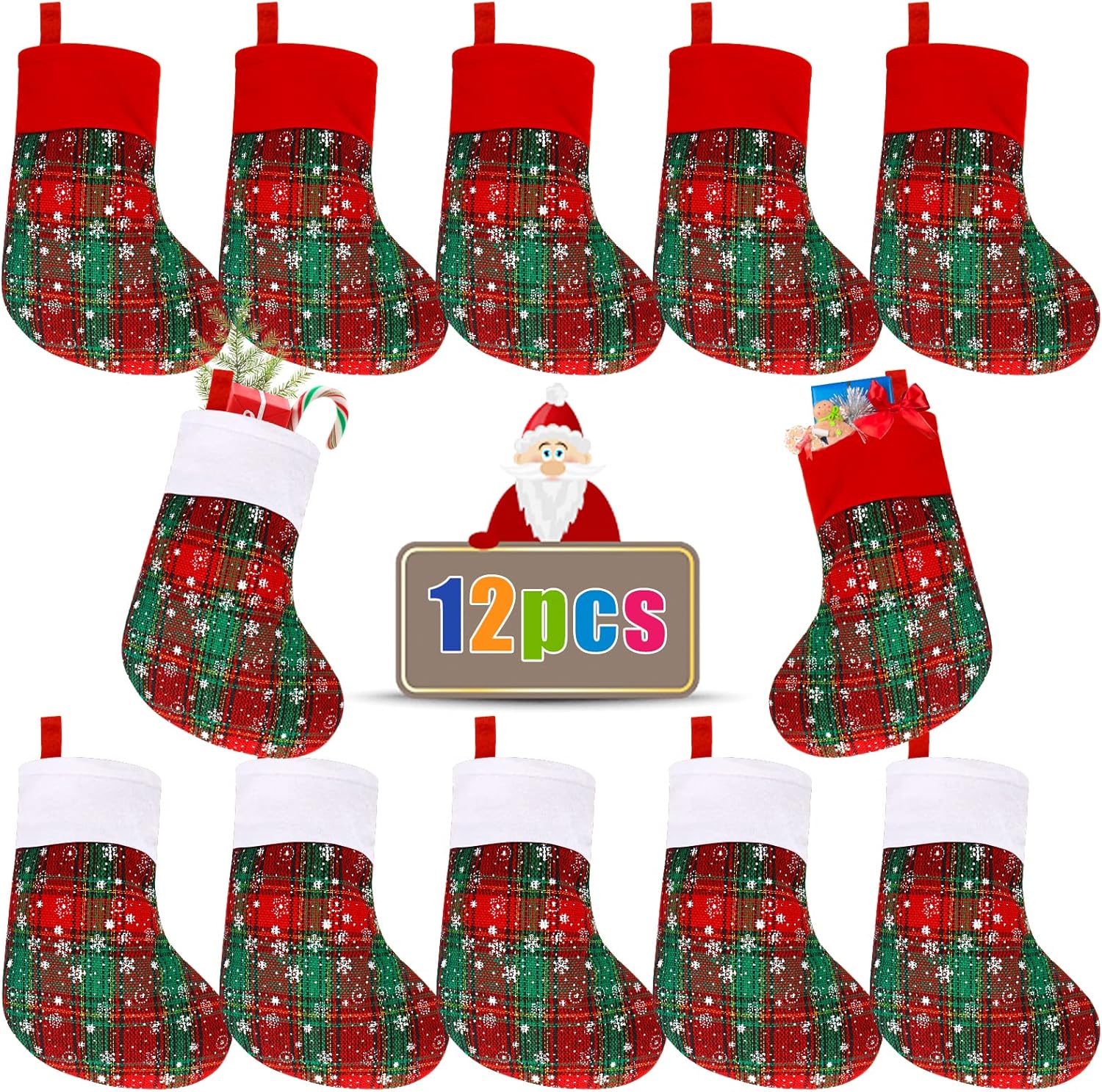 Stockings & Holders - DIYASY Mini Christmas Stockings, 12 Pack Small Buffalo Plaid Stocking Snowflake Red Green Stockings Bulk for Christmas Tree Ornament Decorations Gift Holder（8Inches）