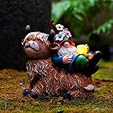 Pohabery Garden Gnomes Decor Outdoor Statues Gnome on Highland Cow Hold Solar Cup Light Outdoor Decorations for Patio,Yard and Gift for Mom
