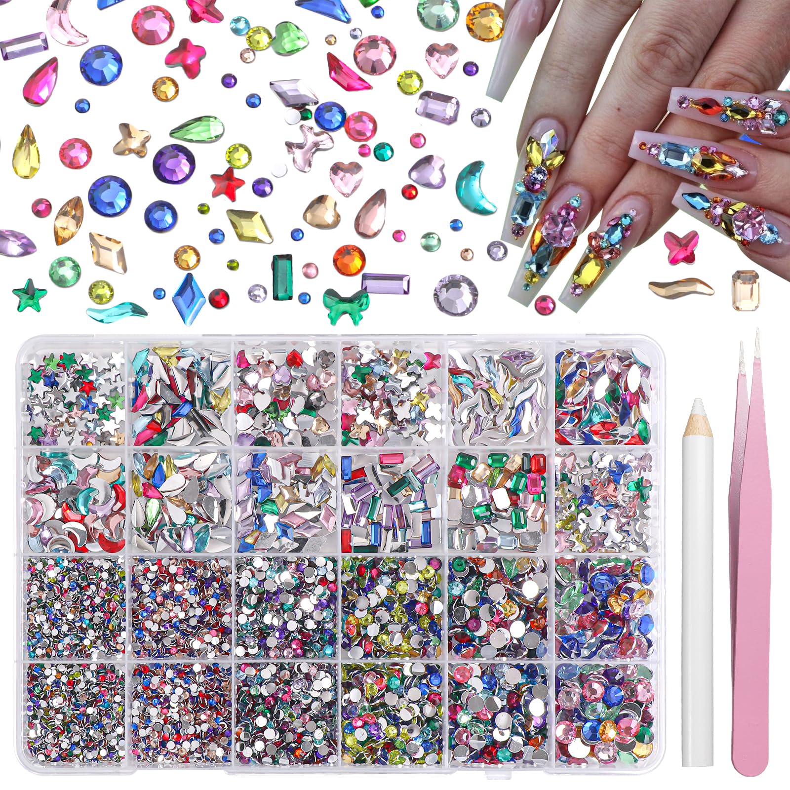 Photo 1 of 24 Grids Color Resin Rhinestones for Crafting, Color Nail Art Rhinestones, Multi Shapes Sizes Bedazzling Gems Rhinestones for DIY Crafts Clothing Tumblers Shoes Fabric Nail Art