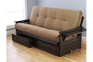 KODAIK with Drawers Full Size Cordova Espresso Frame w/ 7 Inch Mattress Microfiber Suede Futon Set Wood Sofa Bed (Peat Mattress, Frame w/Drawers (Full Size))