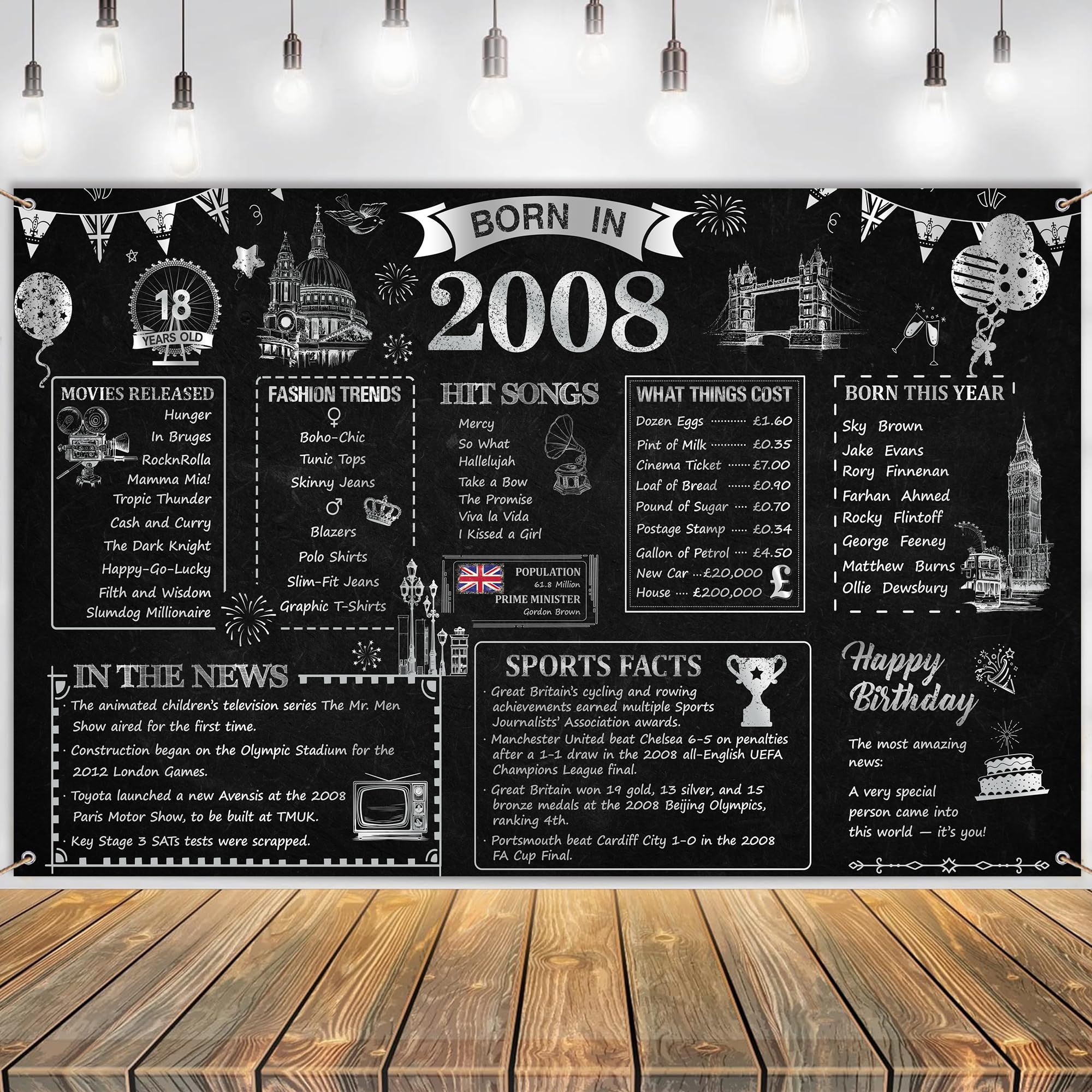 18th Birthday Backdrop Banner Decorations - Black Silver Born in 2008 Uk Background Banner for Boys Girls, Large Photo Backdrop Poster Decor for 18 Years Old Party Supplies (180x110cm)