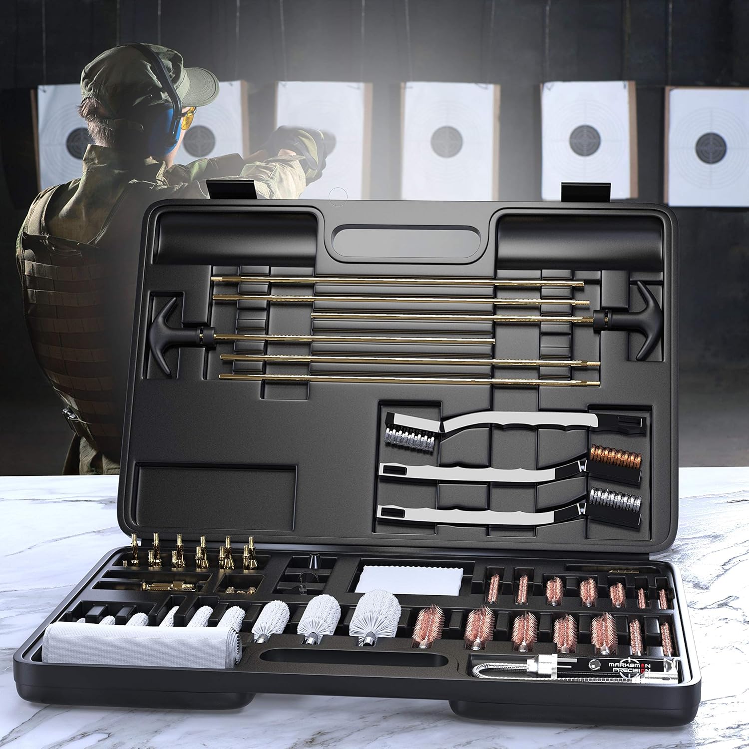 Marksman Precision Universal Gun Cleaning Kit - Brass Jags - Slotted Tips - Rods - Brushes - LED Bore Light - Optical Cloth - Hunting Shooting Rifle Pistol Shotgun - Heavy Duty Case - Retail Package : Sports & Outdoors