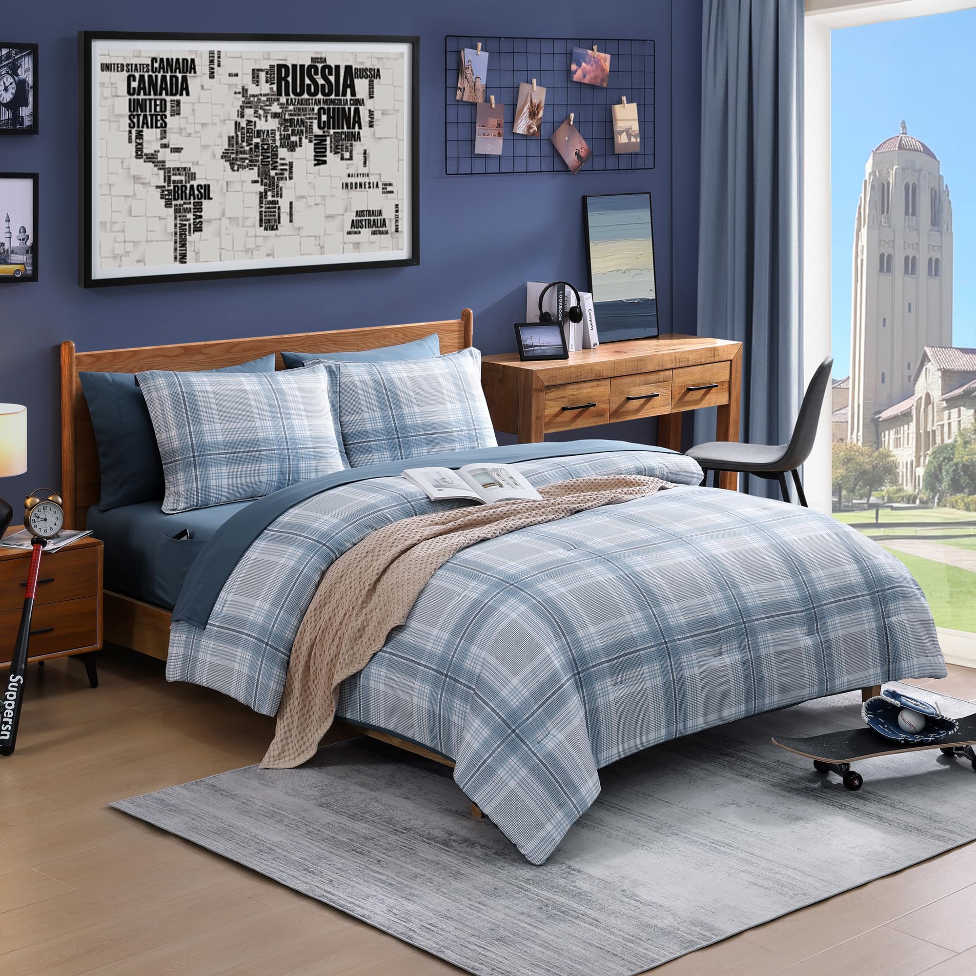 Photo 1 of AMBERSPACE Blue Comforters Queen Size, Plaid Queen Bedding Sets for Boys & Girls,Classic Homestead-Style Bed in A Bag Queen with Sheets and Comforter Set (Light Blue,Queen,90"*90")