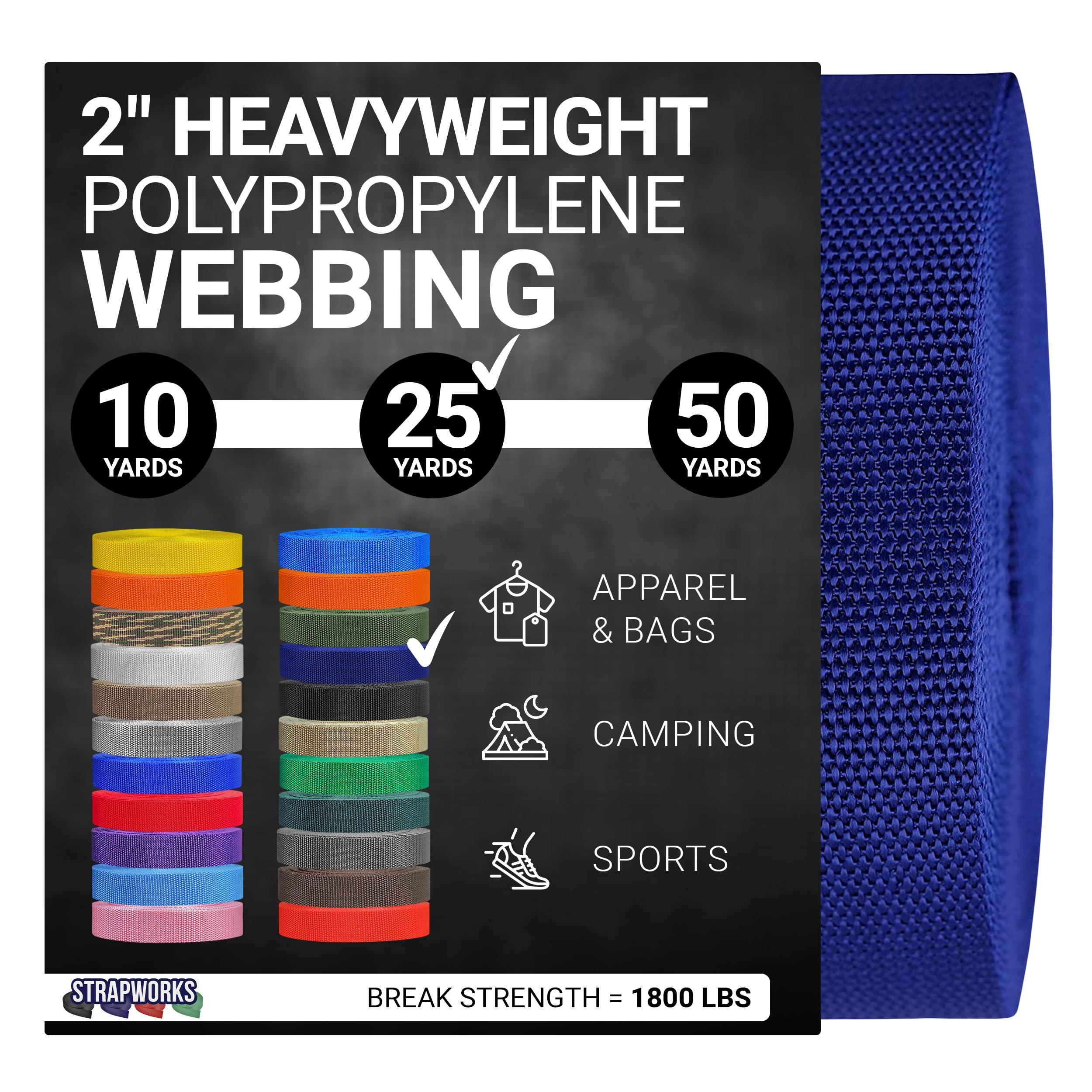 Strapworks Heavyweight Polypropylene Webbing - Heavy Duty Poly Strapping for Outdoor DIY Gear Repair, 2 Inch x 25 Yards - Navy Blue