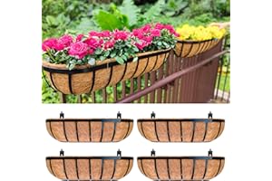 LÁLÁGREEN LaLaGreen Railing Planter Box (24 Inch, 4 Pack) Black Metal Rectangular Hanging Planters with Coco Liner, Flower Boxes Brackets for Deck Railings Outdoor Plants Over Rail Fence Balcony Patio Porch