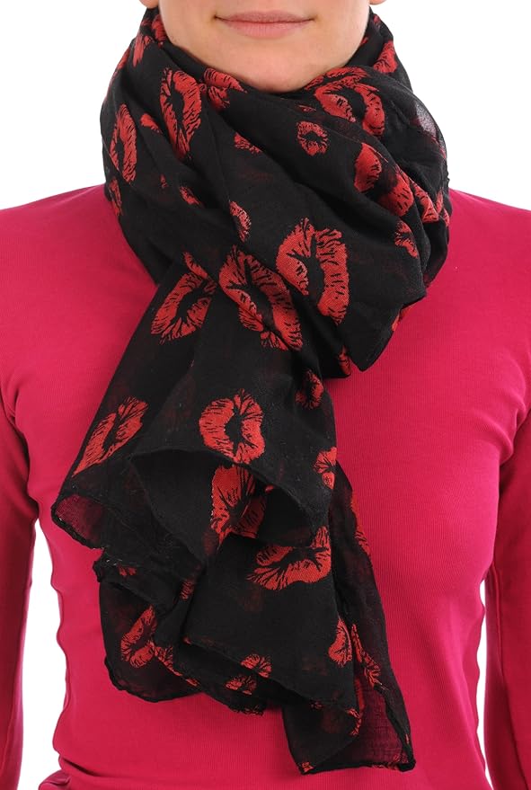 Black With Red Lips Unisex Scarf & Beach Sarong Black Designer Scarf