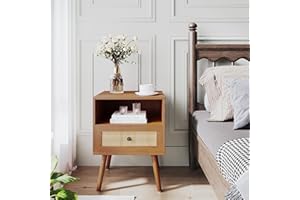 BUYTIME Rattan Dresser Nightstand, Boho Dresser Nightstand with 2 Drawers, Mid Century Modern Bedside Table with Cane Accents for Bedroom and Living Room