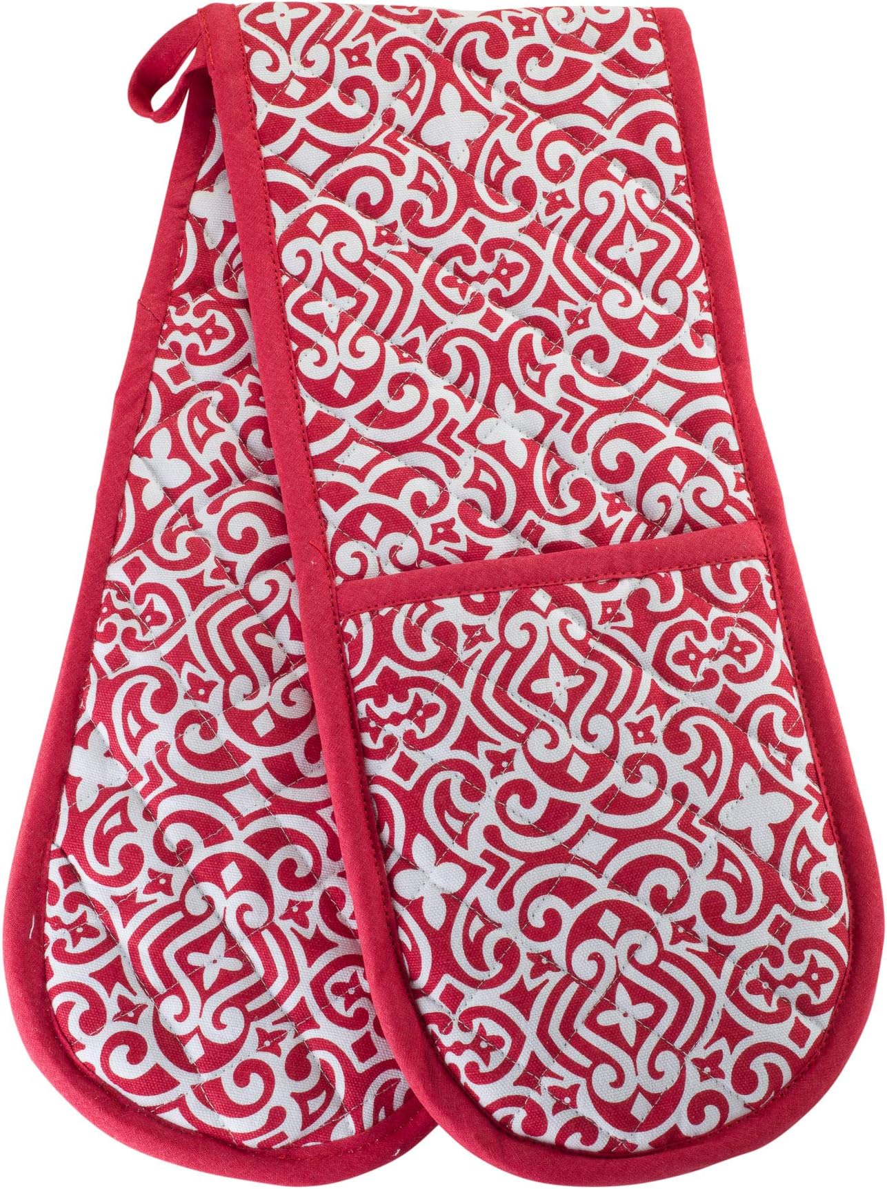 Kitchen BBQ Christmas Red Holiday Double Oven Mitts Gloves | Extra Long & Thick, Heat Resistant | Quilted Attached 1 Piece Oven Gloves | 100% Cotton Pretty Pattern Valentines Unique Pot Holder