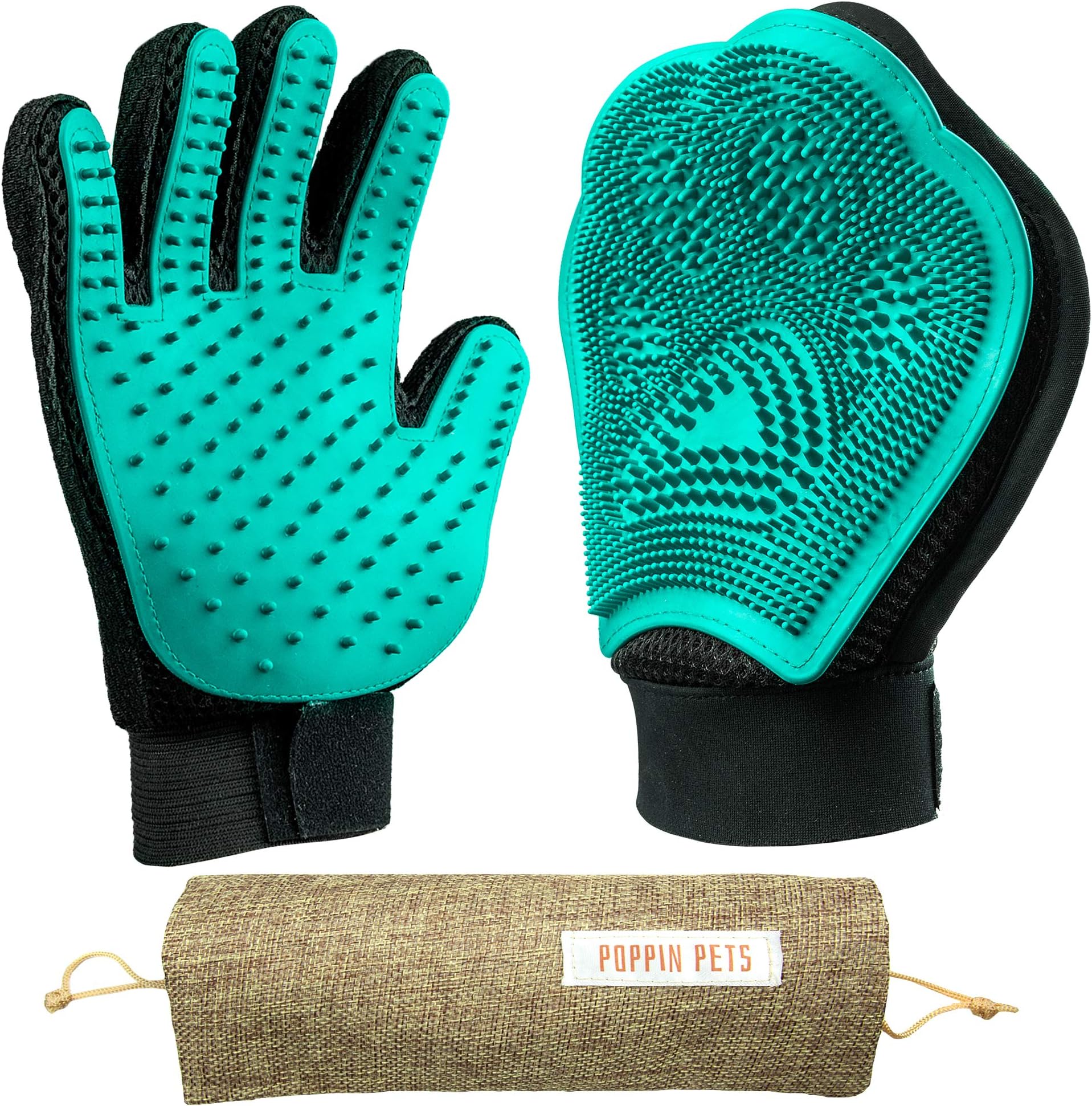 Poppin Pets Pet Grooming Gloves 2-in-1 Fur Removal & Furniture Pet Mitt & 5-Finger Gentle Rubber Deshedding Glove | for Massage, Shedding, Bathing, Grooming of Dogs, Cats Livestock & More