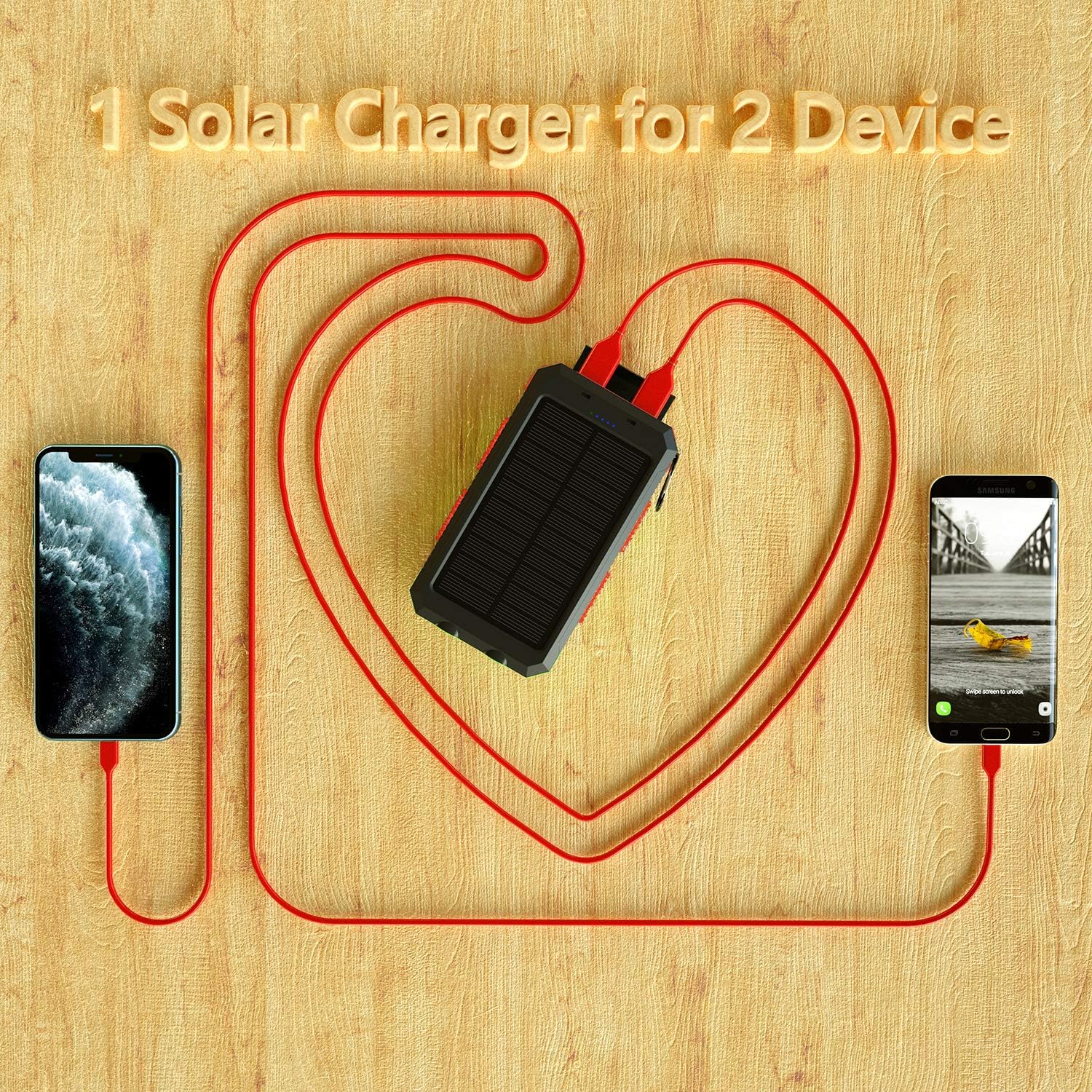 Solar Charger 20000mAh, BENFISS Ultra-Portable Durable Solar Power Bank with 2 USB Output 2 LED Flashlight and Compass, Waterproof Solar Battery Pack for Outdoor Activities/Emergency (Red): Home Audio & Theater