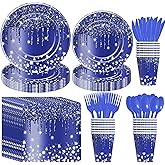 YJRJSC Navy Blue Plates And Napkins Party Supplies, Blue Glitter And Silver Party Decorations Tableware for Bridal Shower Birthday Baby Shower, Paper Plate, Napkin, Cup, Disposable Cutlery, Serves 24