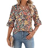 LOMON 3/4 Length Sleeve Womens Tops Summer V-Neck Blouses Spring Ruffle Sleeve Tunic T-Shirts Dressy Casual