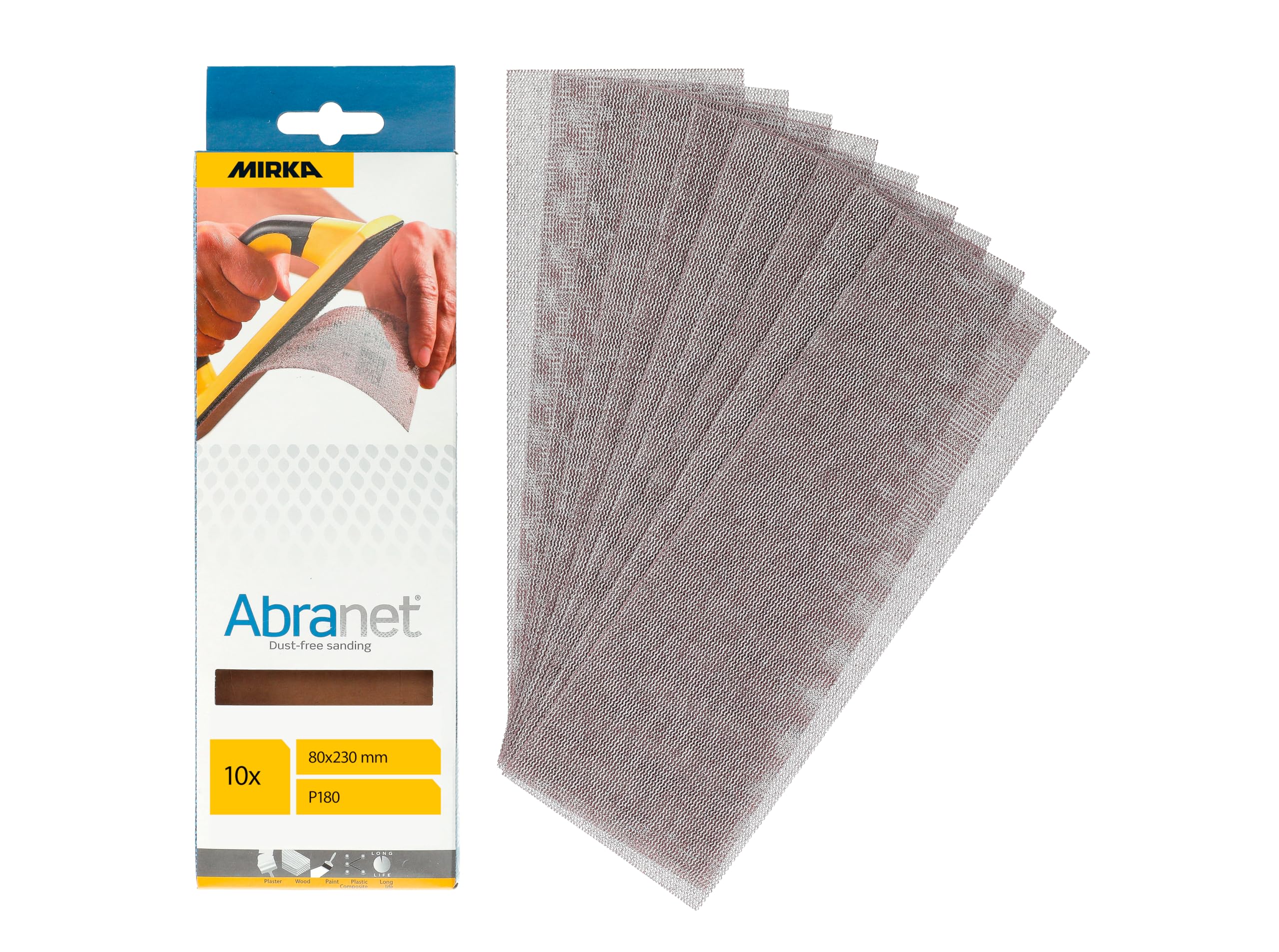 Mirka Abranet net sandpaper strips 80x230 mm/Hook & loop/Grit P180 / 10 pcs / AE175F1018 / for dust-free sanding of wood, walls, metal, aluminium, stainless steel, filler, varnish, plastic
