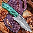 SOGO KNIVES Fixed Blade Damascus Steel Hunting Knife with Leather Sheath, 9'' Full Tang Hunting Skinning Knife,Non-Slip Wooden Handle,Camping Knife (GREEN)