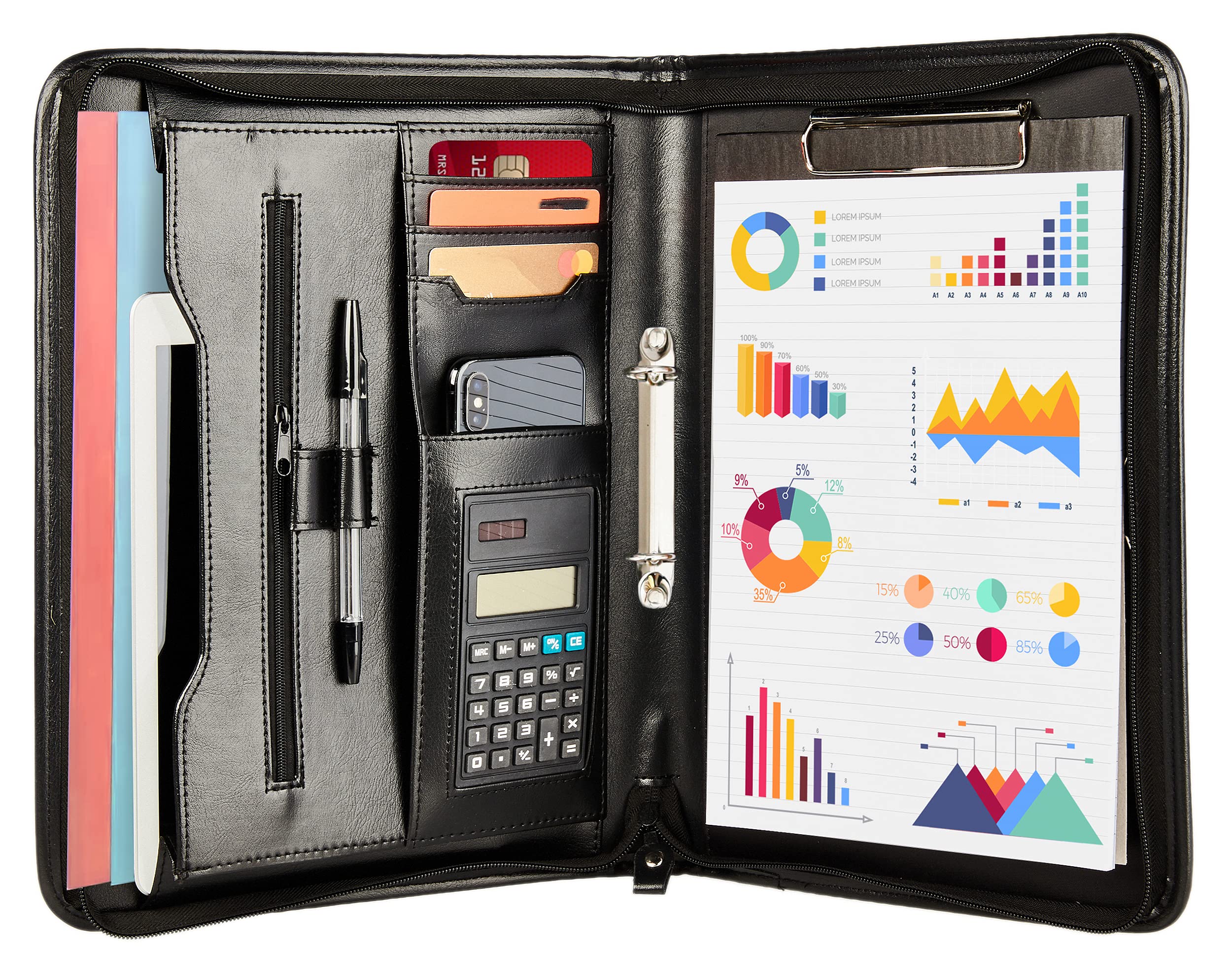 Zippered Conference Folder Business Padfolio by Tassia - A4 Portfolio Folder with Zipper - PU Leather 2-Ring Binder with Clipboard, Gusseted Storage Pocket, and Document Holder Case