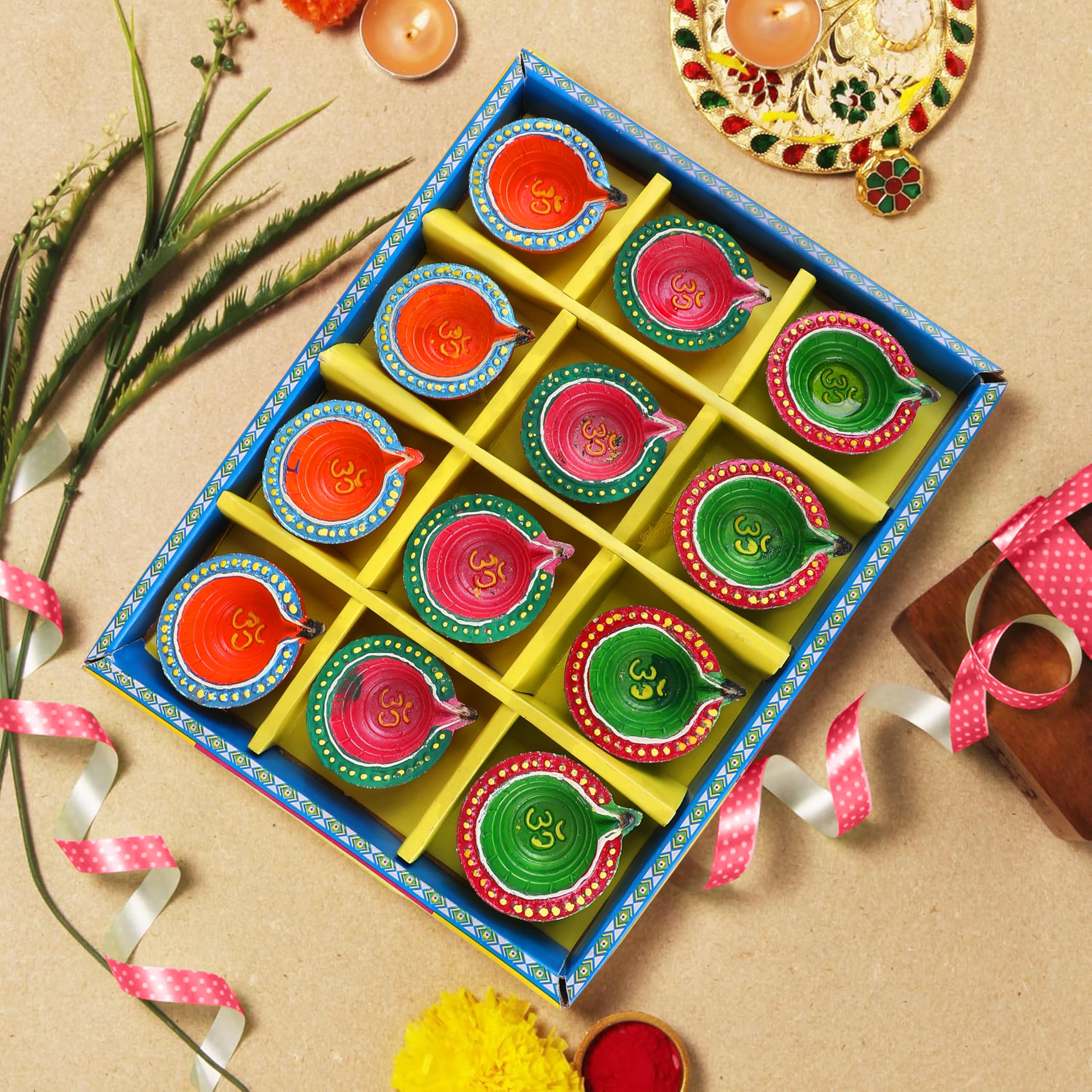 Photo 1 of 12 Pc Set Multicolored Chalk Work Clay Diya | Diwali Pooja Handmade Dia | Terracotta - Natural EARTHEN Diya - Handpainted
