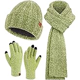 Womens Winter Warm Knit Beanie Hat Touchscreen Gloves Long Neck Scarf Set with Fleece Lined Skull Caps Gifts for Women