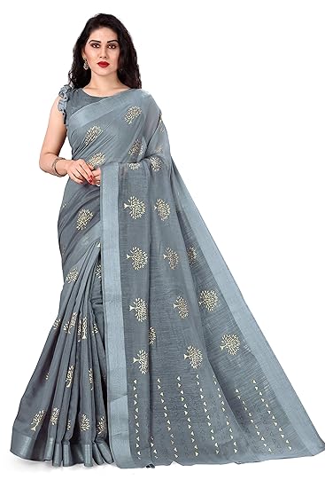 Womens Cotton Mix Foil Printed Saree With Blouse Piece