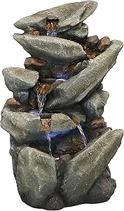 Sunnydaze Streaming Tilted Rocks Outdoor Water Fountain with LED Lights and Submersible Electric Pump, 31-Inch