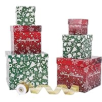 Christmas Nesting Gift Boxes 10 Pcs - Buffalo Plaid Snowflake Design In 5 Sizes With Ribbon