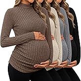 Huukeay 4 Pack Women's Maternity T-Shirts, Long Sleeve Mock Turtleneck Ribbed Pregnancy Top Sweaters Side Ruched Mama Clothes