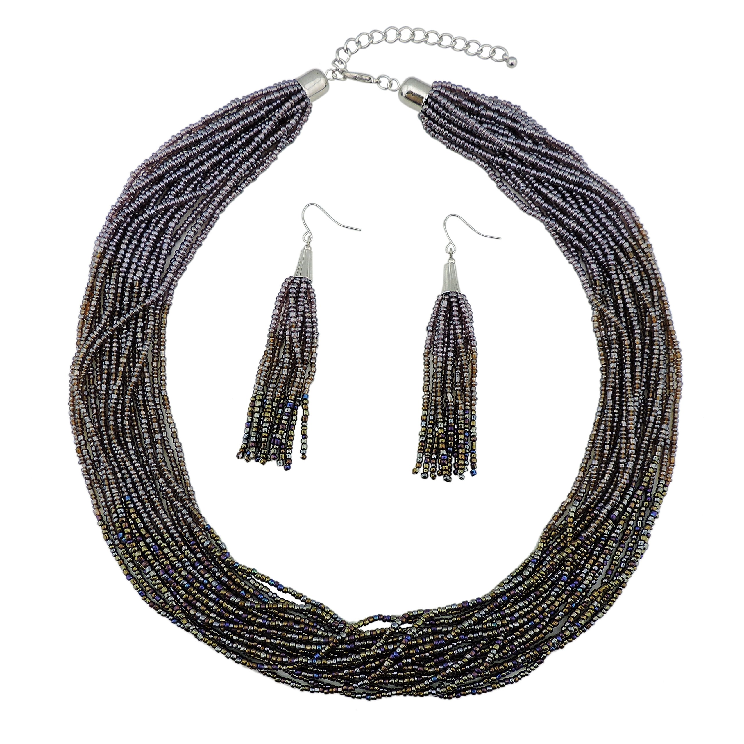 BOCAR Multi Layer Beaded Statement Necklace Set Strand Necklace and earrings for Women Gift (NK-10459-Light Purple+Coffee+Antique br)