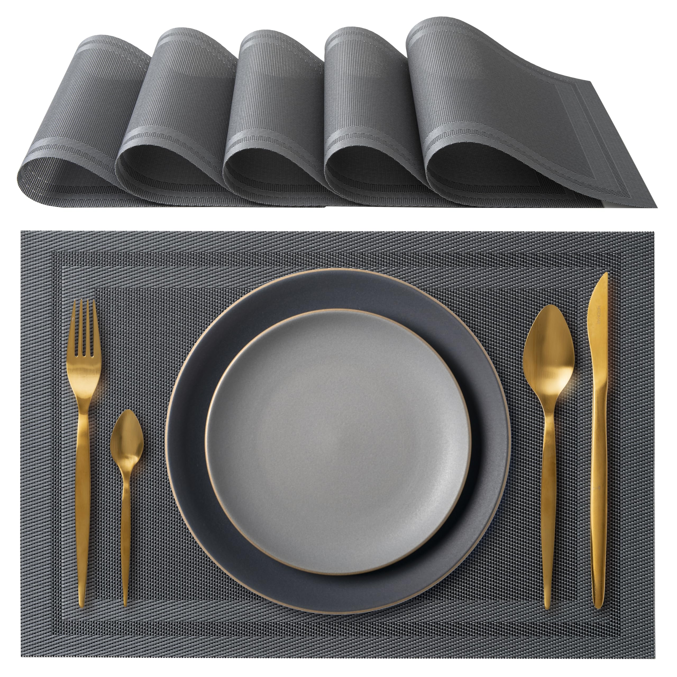IPEA Elegant American Placemats 45 x 30 cm for Dinner, Lunch, Breakfast - 6 Units - Washable Placemats, Heat Resistant, Non-Slip, Stain Resistant for Kitchen and Dining Table - Grey